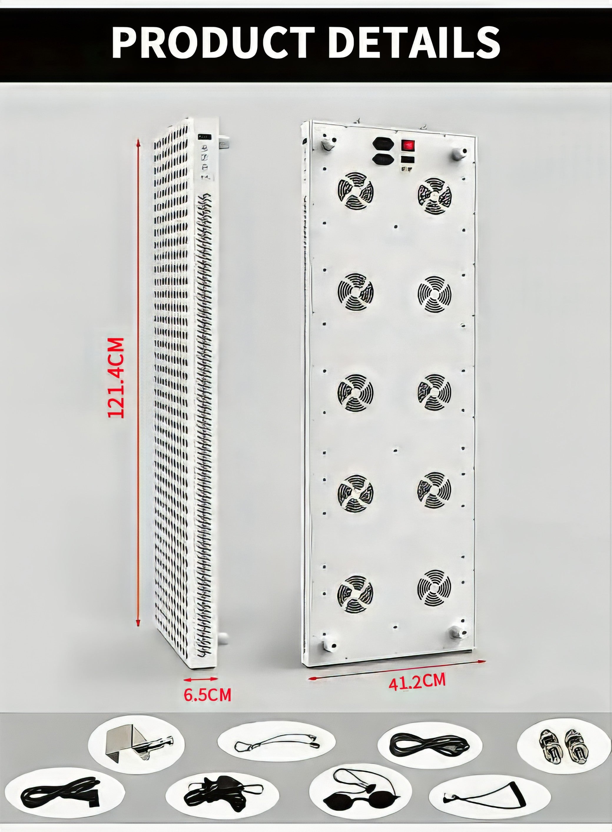 Technical specifications of a cooling system with dimensions and features for Full-Body Red Light (LED) Therapy Panel Device. It is an ideal value LED device purchase.