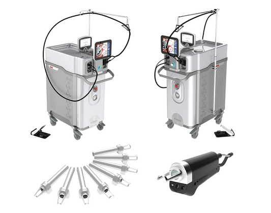 Two views of a professional Accento 755nm Alexandrite laser device used for hair removal and pigmentation treatment, mounted on a trolley with various handpieces and a storage compartment. It is a great value powerful laser medical device purchase.