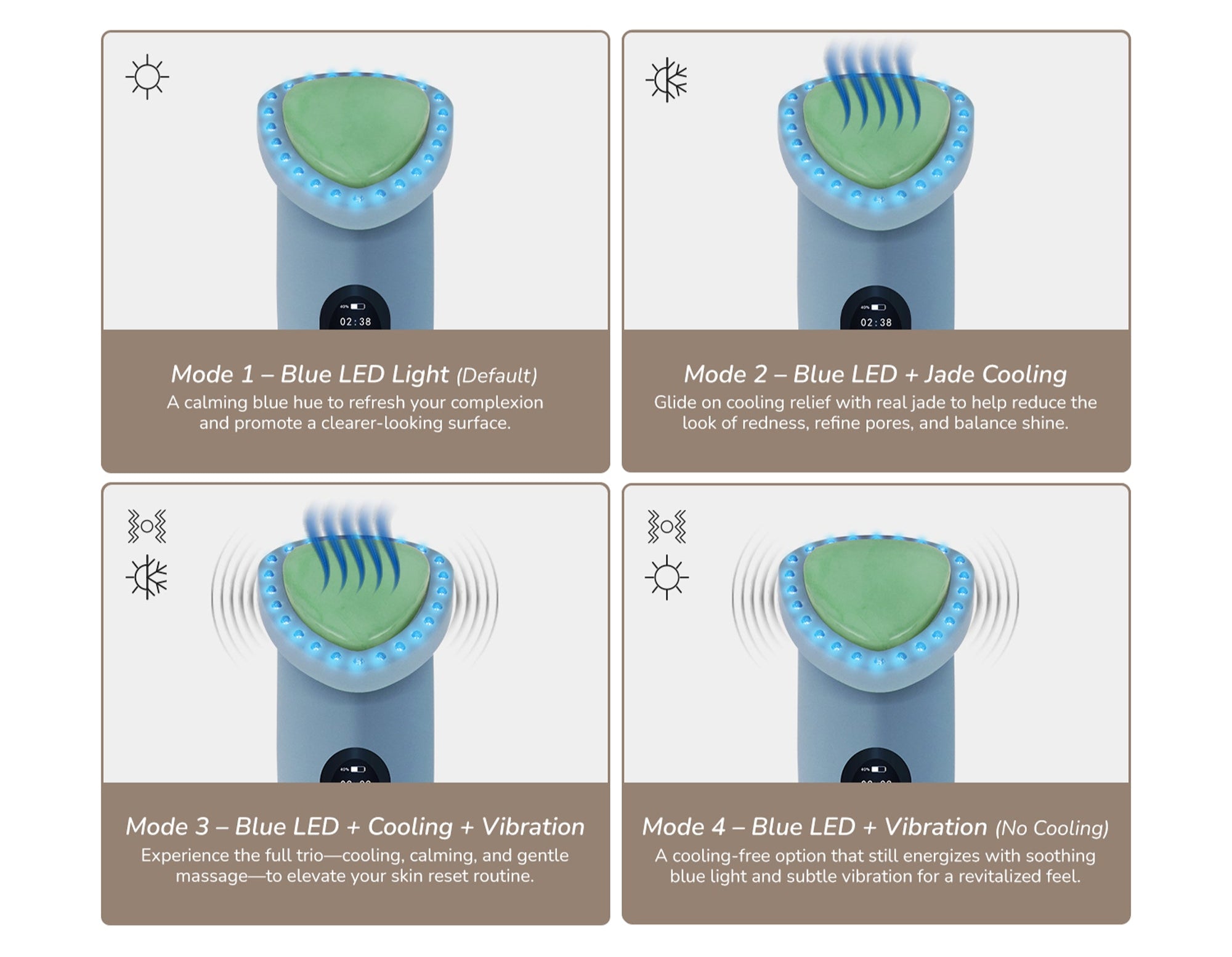 Aquazure Tech Blue LED Cooling Skincare Device with Jade Stone. Aquazure Tech Four modes to refresh and balance