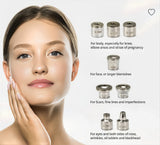 Woman with a smooth face next to different diamond tips on a white background. It is an ideal device purchase.