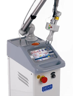 DEKA DOT Fractional CO2 Laser Machine with a digital display, control buttons and treatment handpiece. It is a great value aesthetic laser purchase.