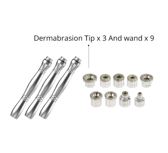 3 Dermabrasion tips and 9 Diamond wands are shown in the image. It is an ideal device purchase.