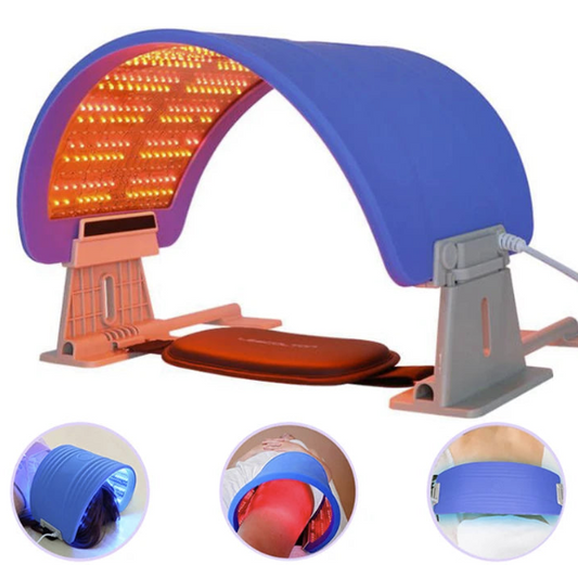 A foldable 7 color LED panel designed for skin rejuvenation, displayed with close-up shots of the individual LED lights and the device being worn by a person. It is an ideal LED device purchase.