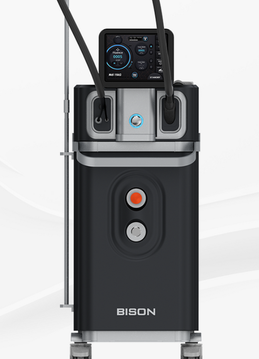 A black Bison Medical device with a digital display and treatment handpiece. It is a great value Dual Laser purchase.