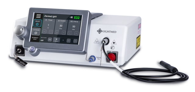 DermaLight KTP Laser Device with a digital display and control buttons. It is a great value aesthetic laser purchase.