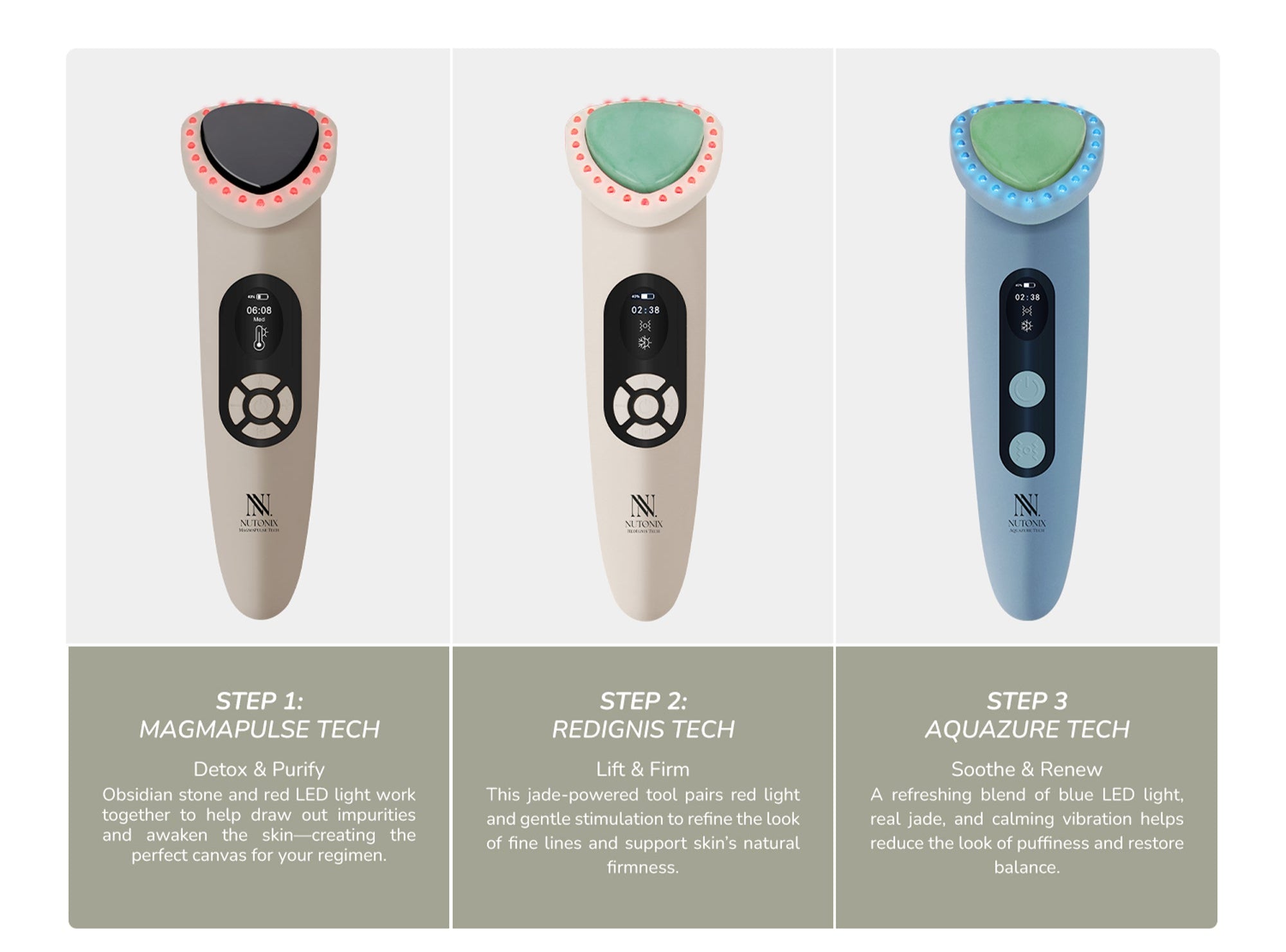Aquazure Tech Blue LED Cooling Skincare Device with Jade Stone. Three Step Ritual