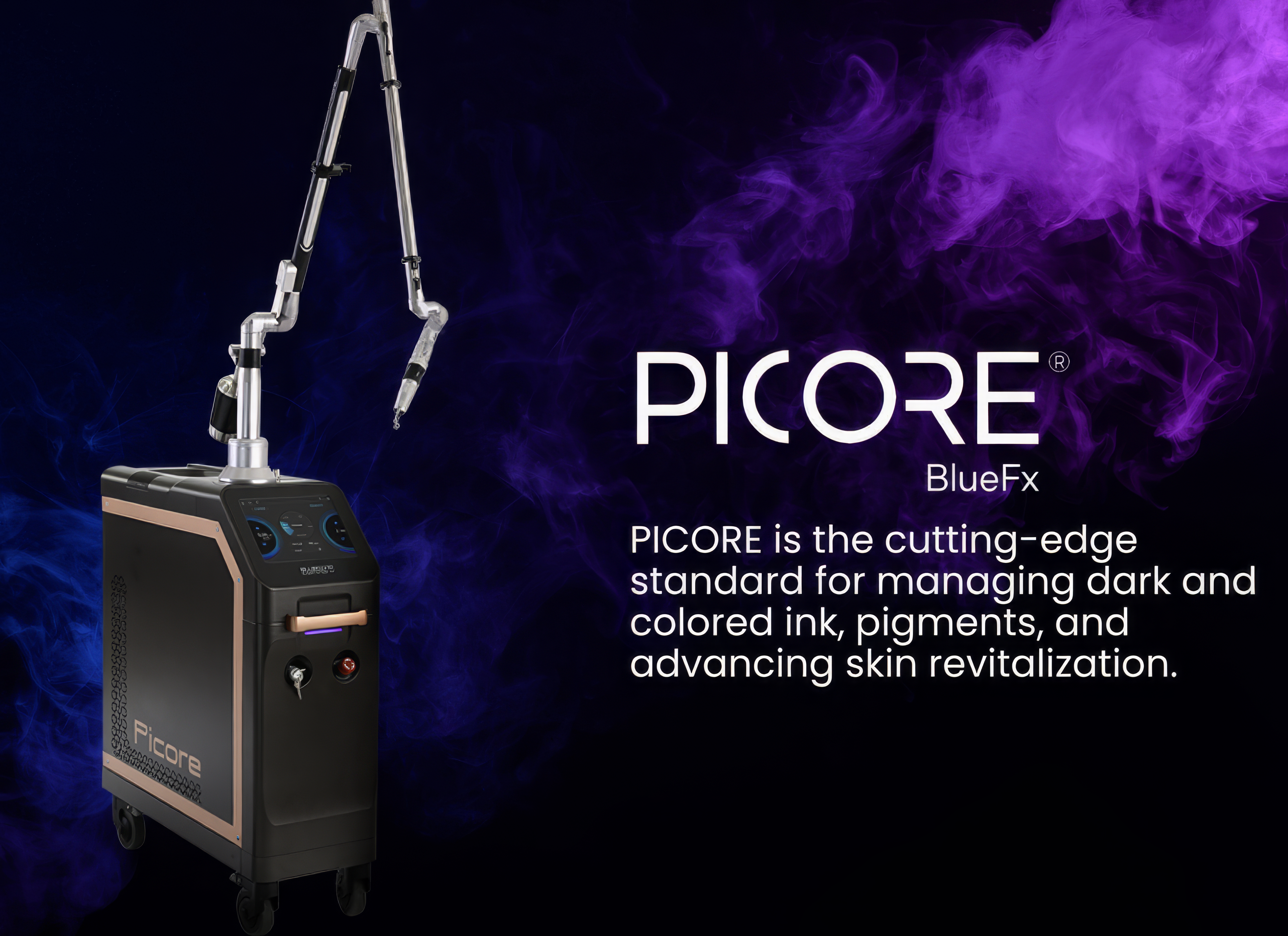 Picore Picosecond Device by Lacora showing the benefits of laser device. It is a great value for Picosecond Nd:YAG Laser purchase.