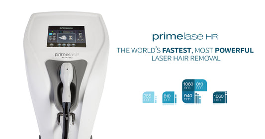 PrimeLase HR laser hair removal device with text highlighting its speed and power. It is an ideal Laser purchase device.