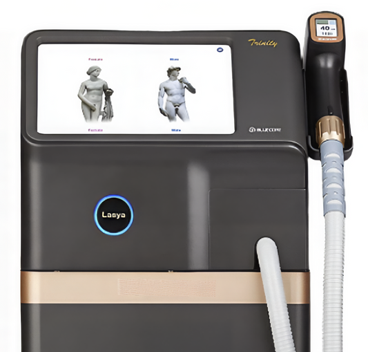 Laser treatment device with screen displaying images, branded 'Lasyo' and 'Trinity'. It is an ideal device purchase.