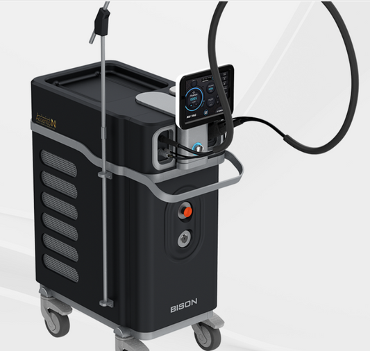 A black Bison Medical device showing side view with a digital display and treatment handpiece. It is a great value Dual Laser device purchase.