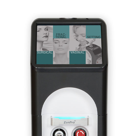 A CO2 laser machine with a digital display showing settings for 'Surgical', 'Fractional', and 'Vaginal' treatments. The front panel includes a laser aiming device and power settings. It is an ideal device purchase.
