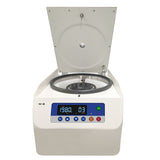 A white, low-speed centrifuge with a digital display, inside rotor and control buttons on the front panel. The brand MKE is visible on the top left corner.